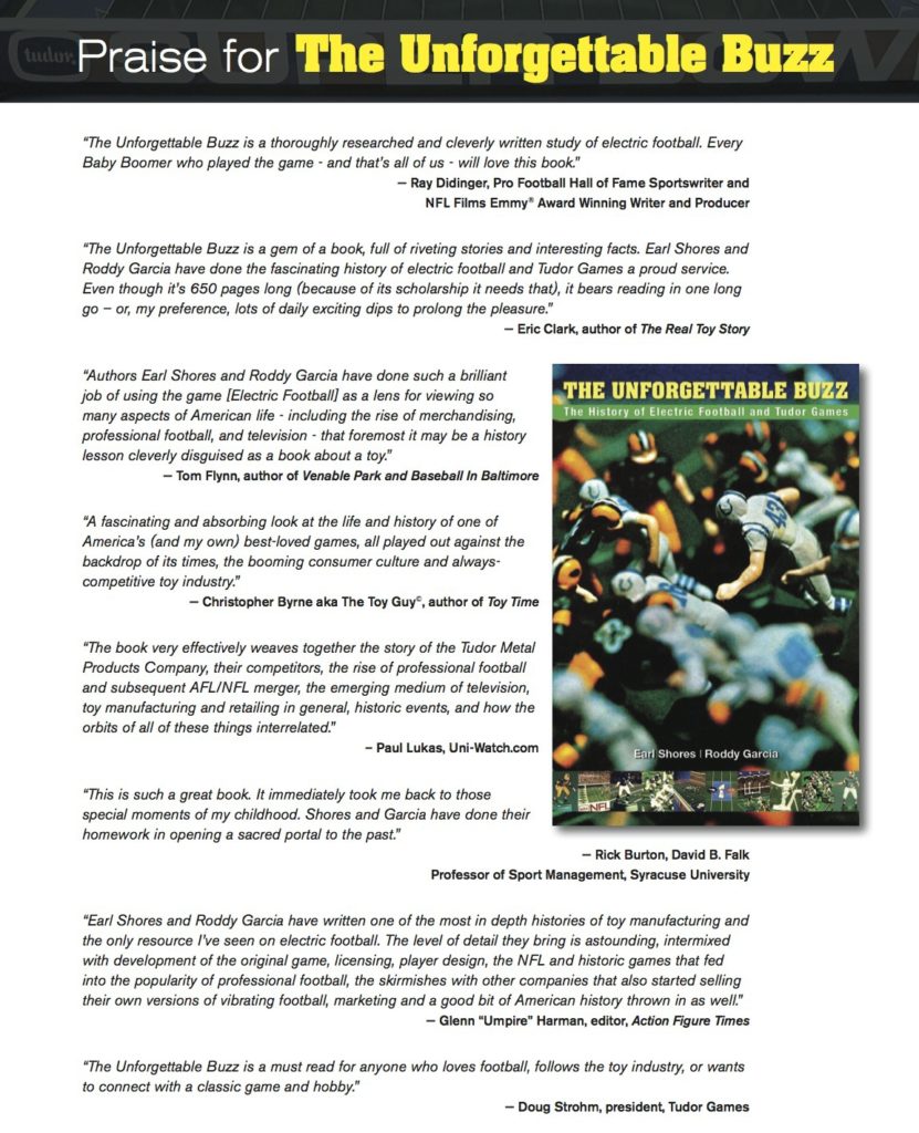 alt="Praise For The Unforgettable Buzz Electric Football book" title="Electric Football book praise"/>